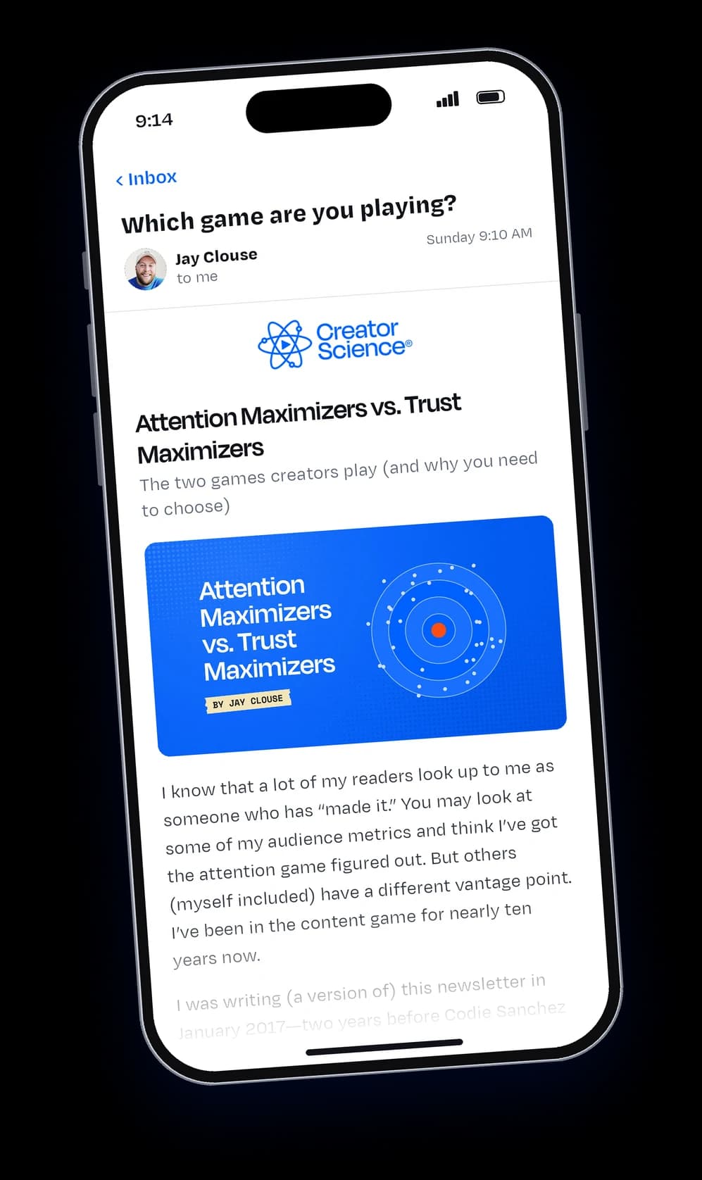 The Creator Science newsletter open on a phone
